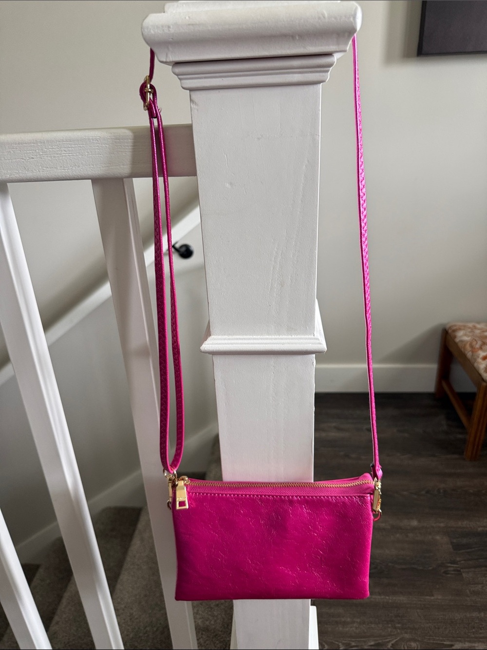 Jen & Co Fuchsia Pink Vegan Leather Triple Zip Crossbody Wristlet Purse Bag